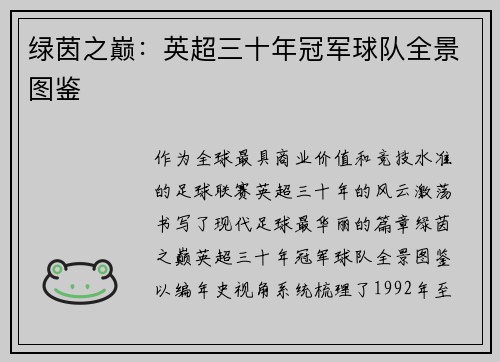 绿茵之巅：英超三十年冠军球队全景图鉴